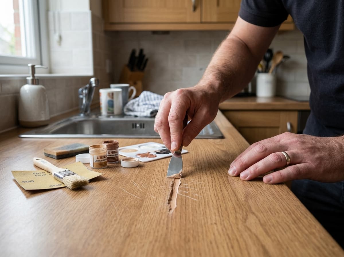 Invisible repair to a deep scratch on a laminate kitchen worktop