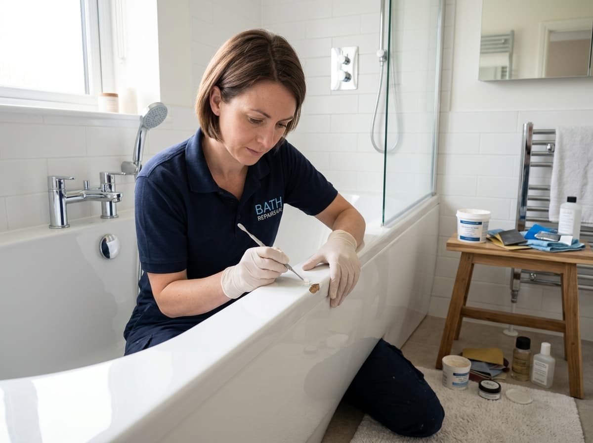 Chipped enamel bath being repaired and re-finished